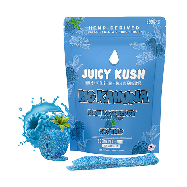 Juicy Kush Big Kahuna Sour Belt Gummies 5000mg blue raspberry