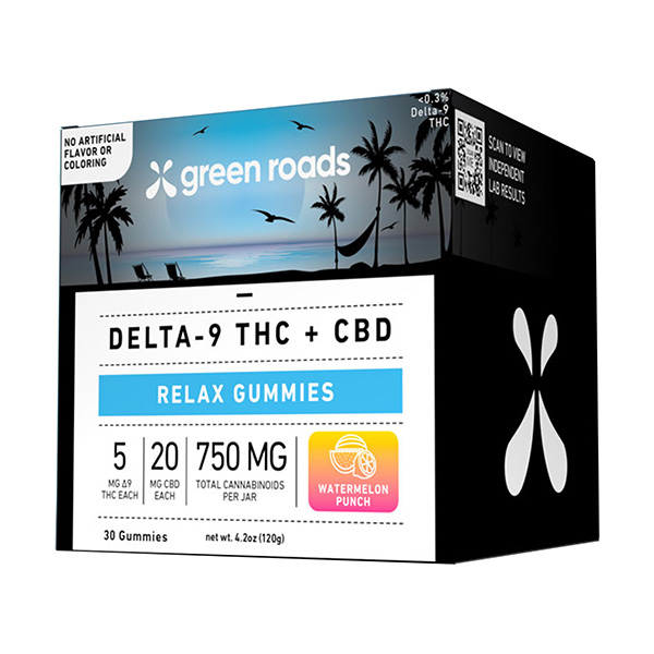 Green Roads D9 + CBD Relax Gummies | (30ct) 750mg Watermelon Punch